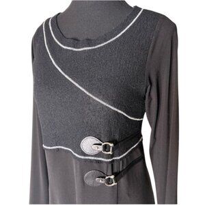 Black Long Sleeve Midi Dress Wool Bodice Horse Bit Buckle Detail Zipper Raw Hem